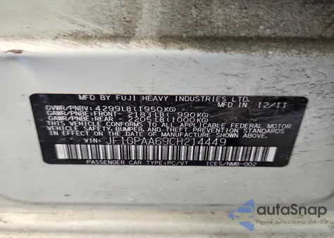 2012 Subaru Impreza z USA, uszkodzony, nr VIN JF1GPAA69CH214449